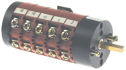 Drehschalter Stellungen 6 0-1-2-3-4-5 Kontaktsätze 8 600V 16A Achse 6x6mm  Achslänge 73mm, Teilnummer 349002